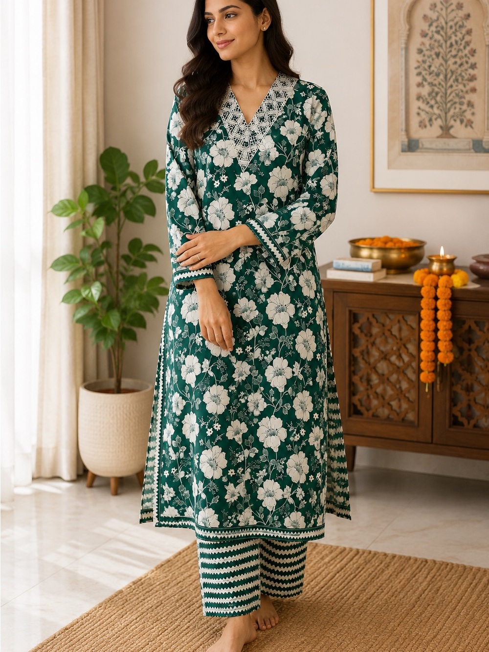 Elegant Green Floral Cotton Kurta Set - Women casual wear.